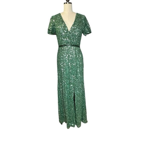 Mac Duggal Green Sequin Wrap Over Butterfly Sleeve Gown | 8 - Picture 3 of 11